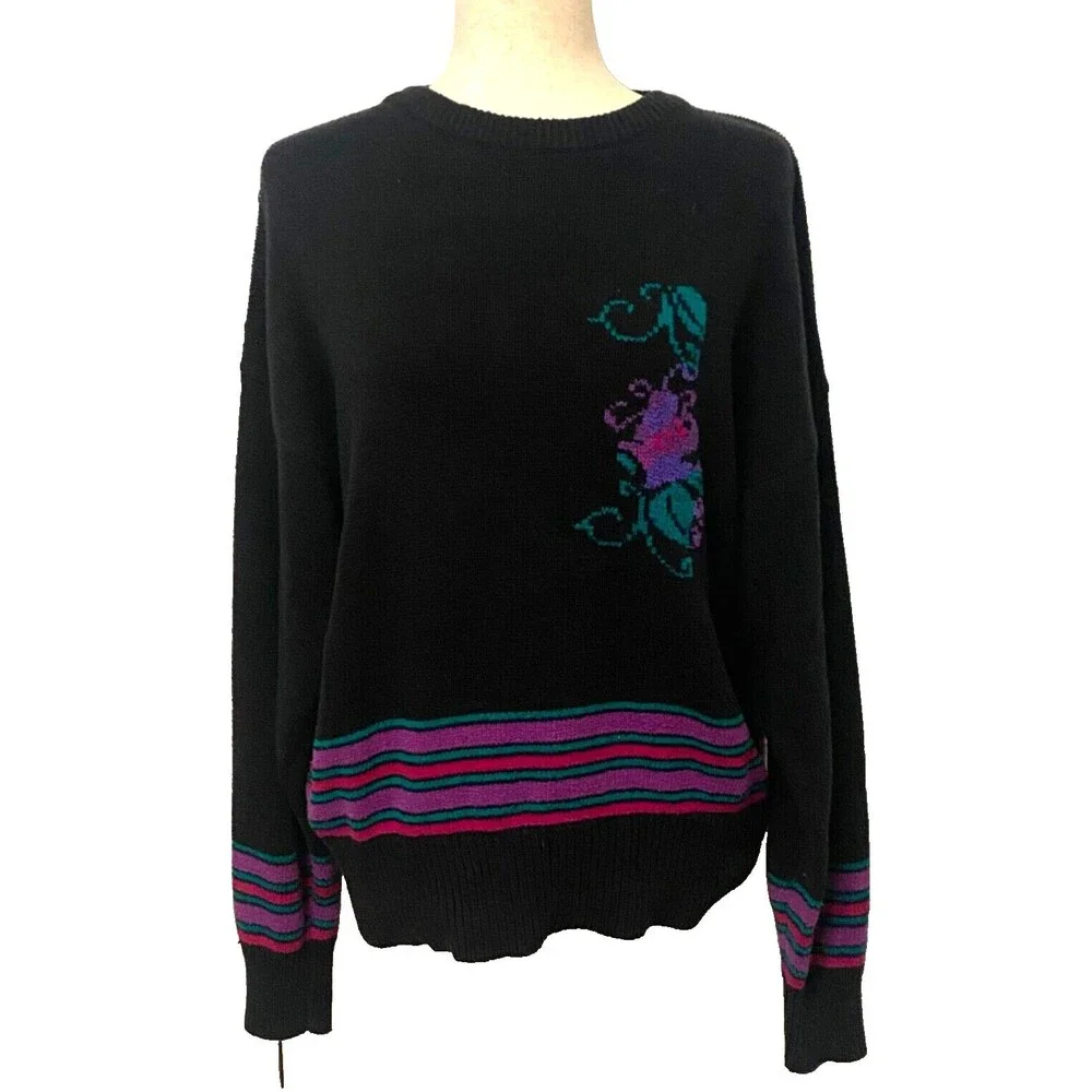 Vtg YORK FAIR Women's L Knit Crew Neck Sweater Black Purple Floral Wool Blend - Picture 1 of 6